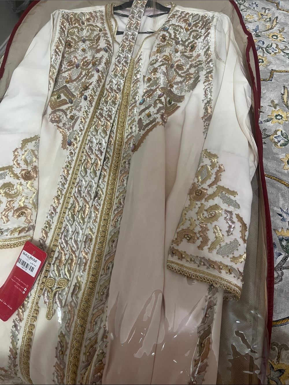 Ivory Long-Sleeve Embroidered Dress with Gold Trim